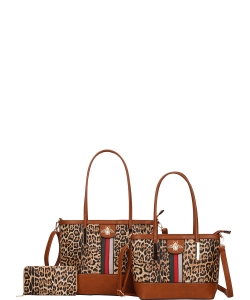 3in1 Designer Inspired Leopard Tote Bag Wallet Set BWX-8557S Khaki